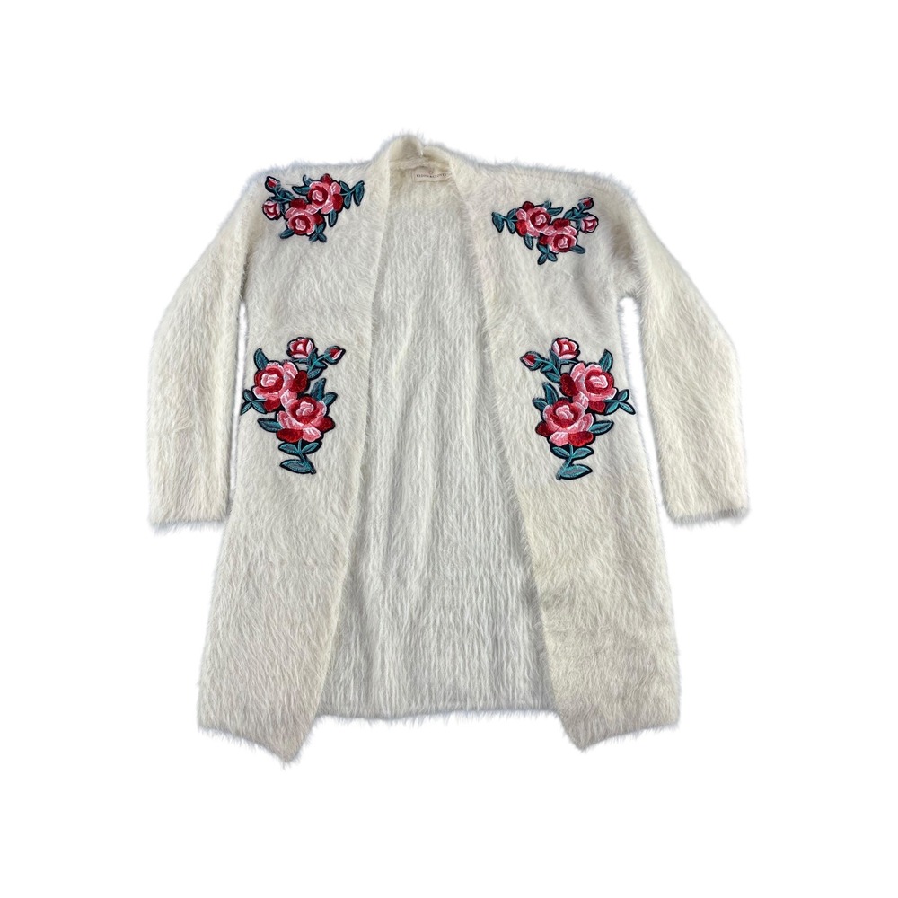 Kloth Clover Fuzzy Cardigan Cream Floral Embroidered Open Front Long‎ Sleeve
